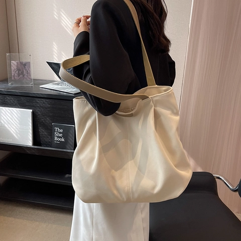 Grote Capaciteit Canvas Boodschappentas Voor Dames Minimalistisch PU Leren Riem Schoudertas Woon-werkverkeer School Dagelijks Handtas Hobo Bag