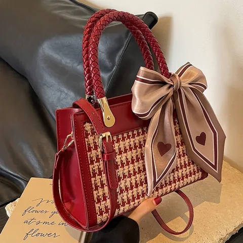Women Retro Houndstooth Small Square Bag PU Leather Crossbody Handbag With Heart Scarf Woven Handle Shoulder Bag For Travel