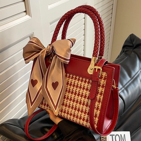 Women Retro Houndstooth Small Square Bag PU Leather Crossbody Handbag With Heart Scarf Woven Handle Shoulder Bag For Travel