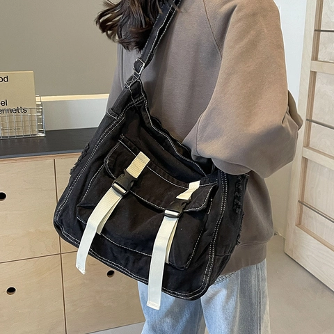 Γυναικεία Vintage Τσάντα Tote Ντένιμ Μεγάλης Χωρητικότητας Τσάντα Χιαστί Με Πολλές Τσέπες Ξεφτισμένο Άκρο Τσάντα Ώμου