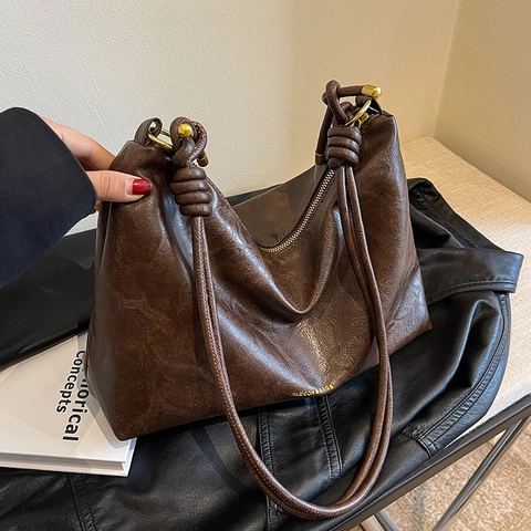 Bolso de Hombro Vintage Gran Capacidad Cuero PU para Mujer Bolso Hobo Suave Con Correa de Nudo Herrajes Dorados Casual