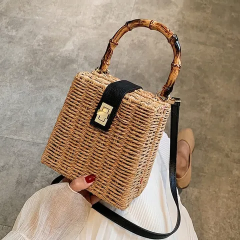 Damen Gewebte Strohhandtasche Mit Bambusgriff Vintage Box Umhängetasche Leder Schnalle Kleine Quadratische Tasche Für Urlaub