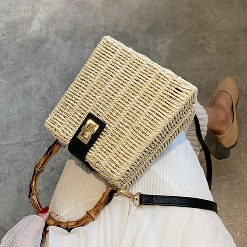 Damen Gewebte Strohhandtasche Mit Bambusgriff Vintage Box Umhängetasche Leder Schnalle Kleine Quadratische Tasche Für Urlaub