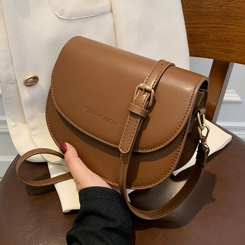 Vintage Women PU Leather Saddle Crossbody Bag Retro Small Shoulder Bag Solid Color Messenger Bag Fashion Underarm Bag Adjustable Strap
