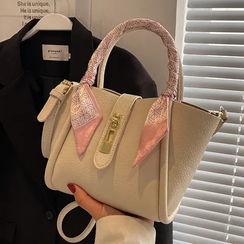 Borsa a Secchiello da Donna Grande Capacità in Pelle PU con Grana Litchi Sciarpa di Seta Decorativa e Chiusura a Girello
