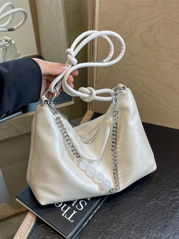 Damen Hobo Unterarmtasche PU Leder Silber Kette Perlen Dekoration Geknoteter Riemen Reißverschluss Schultertasche Für Alltag Party Mode
