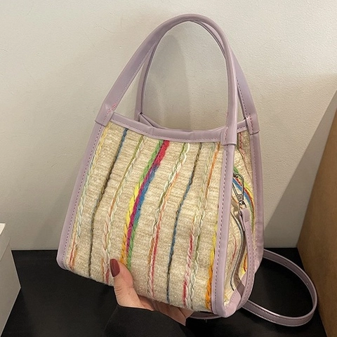 Colorful Striped Woven Handbag Tweed Crossbody Bag For Women With Adjustable Strap Artistic Style Daily Travel Tote Bag
