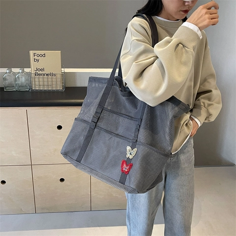 Bolso de Mano de Malla de Gran Capacidad para Mujer Bordado de Mariposa Multibolsillo Bolso de Hombro para Playa Compras Estilo Casual