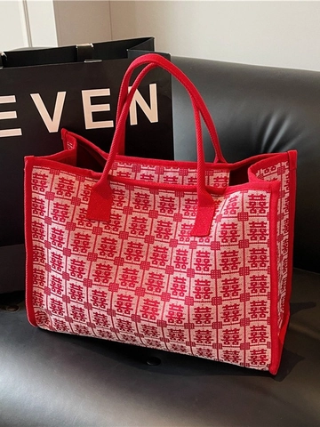 Borsa Tote in Tela per Matrimonio Cinese Grande Capacità Motivo Doppia Felicità Jacquard Borsa Sposa Rosso Rosa Regalo