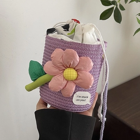 Women Mini Woven Bucket Bag With 3D Flower Decor Handmade Straw Crossbody Bag For Beach Vacation Summer Casual Shoulder Bag