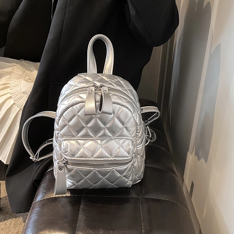 Fashion Women Mini Quilted Backpack PU Leather Metallic Silver Black White Small Chic Rucksack For Daily Dating Shopping