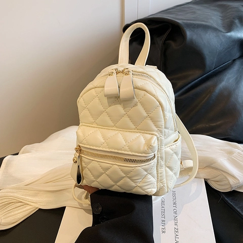 Fashion Women Mini Quilted Backpack PU Leather Metallic Silver Black White Small Chic Rucksack For Daily Dating Shopping
