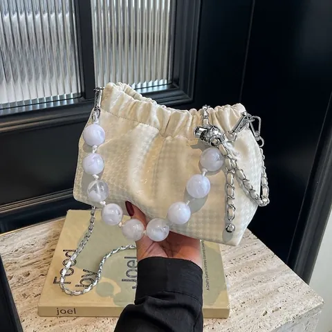 Bolso Nube Plisado de Estilo Chino Con Mango de Cuentas de Resina Grande Cuero PU Bolso de Hombro de Moda para Mujer