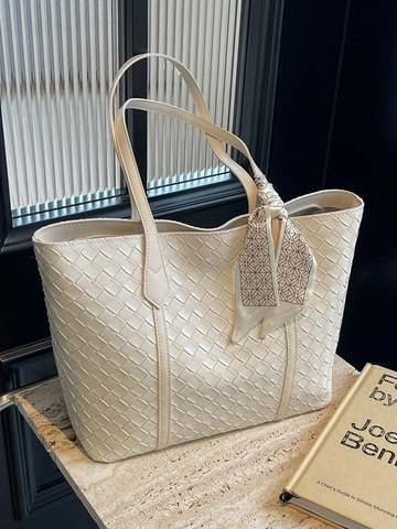 Borsa Tote in Pelle PU con Trama Intrecciata per Donna Grande Capacità Borsa a Tracolla con Sciarpa in Satin Versatile