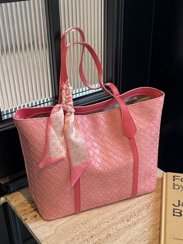 Borsa Tote in Pelle PU con Trama Intrecciata per Donna Grande Capacità Borsa a Tracolla con Sciarpa in Satin Versatile