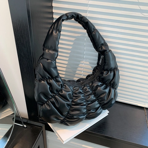 Bolso de Axila Fruncido Nube para Mujer de Cuero PU Acolchado Bolso de Hombro de Moda Color Sólido Gran Capacidad