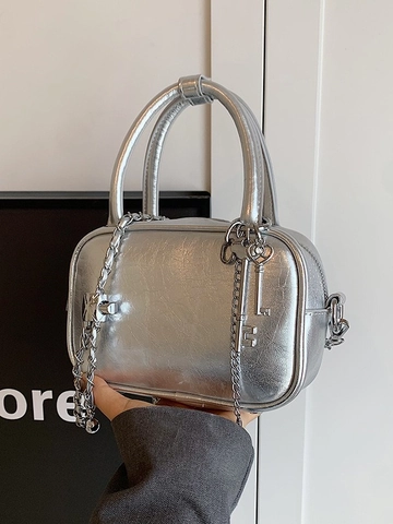 Metallische PU Leder Umhängetasche Für Damen Trendy Y2K Stil Quadratische Handtasche Mit Kette Schlüsselanhänger Schultertasche