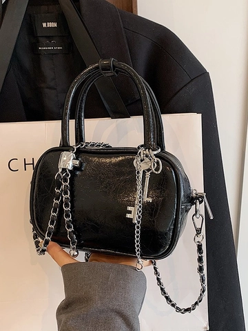 Metallische PU Leder Umhängetasche Für Damen Trendy Y2K Stil Quadratische Handtasche Mit Kette Schlüsselanhänger Schultertasche