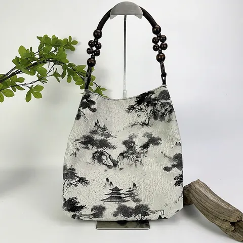 Borsa Tote in Lino in Nuovo Stile Cinese Con Perline di Legno Ricamo Paesaggio Inchiostro Vintage Borsa a Spalla Donna