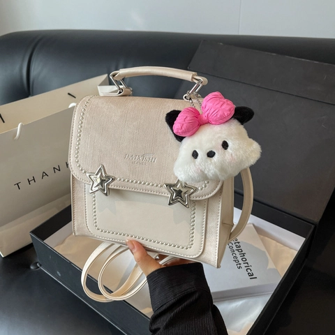 Sac à Dos Femme Vintage Cuir PU Denim Couture Mode Boucle Étoile Sac Bandoulière Multi-Portés Sac à Main Avec Pendentif Peluche