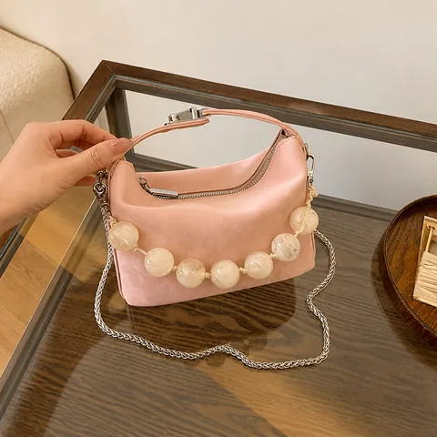Borsa a Tracolla da Donna di Nicchia Moda Stile Coreano Piccola Borsa a Mano Quadrata Con Manico di Künstliche Perle Texture Increspata Borsa a Spalla