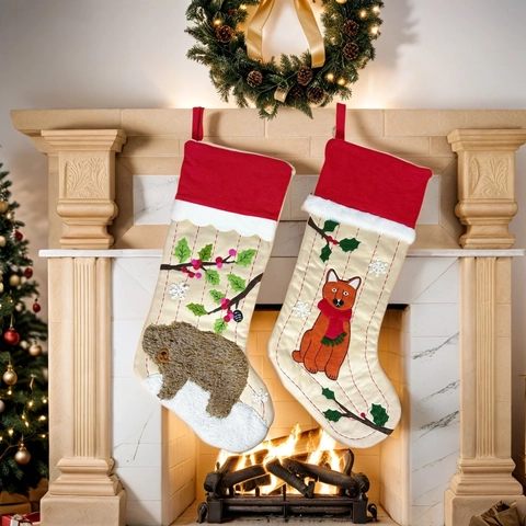 Calcetín de Navidad con Patrón de Oso y Zorro de Peluche 3D Bolsa de Regalo Bordada para Chimenea Decoración de Fiesta