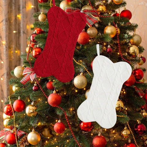 Dog Bone Shape Knitted Christmas Stockings Cable Knit Pet Xmas Tree Hanging Decor For Fireplace Holiday Party Home Decoration