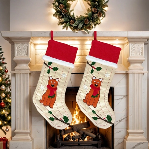 Calcetín de Navidad con Patrón de Oso y Zorro de Peluche 3D Bolsa de Regalo Bordada para Chimenea Decoración de Fiesta