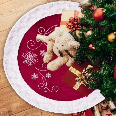 Weihnachtsbaumdecke Roter Samt Weißer Plüschbesatz Schneeflocke Bestickt Festliche Feiertage Zuhause Party Boden Deko