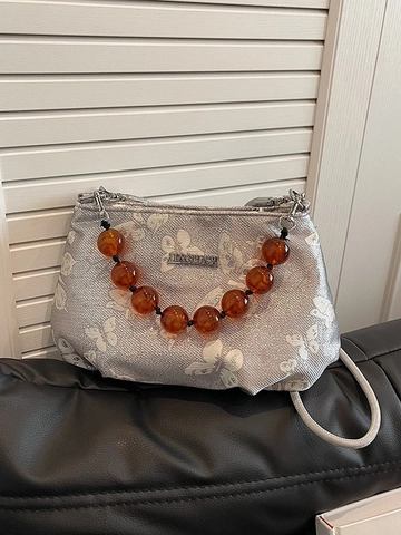 Neuer Chinesischer Stil Perlen Handtasche Damen Schmetterling Druck Gewebe Umhängetasche Mit Bernstein Perlen Griff Mode