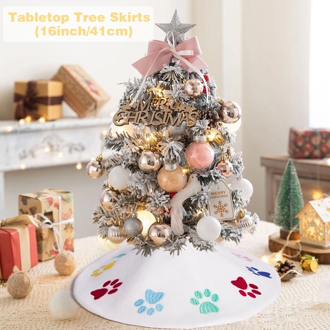 Mini Jupe de Sapin de Noël en Polyester Blanc Rond Collier de Sapin de Table Avec Imprimé Patte de Chien Coloré