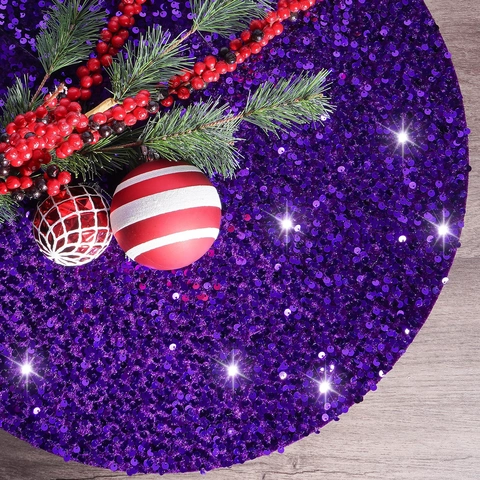 Jupe de Sapin de Noël en Paillettes Violettes de Luxe Ronde Scintillante Couverture de Base de Sapin de Noël pour Fête Décorations de Sapin de Noël Décor à la Maison