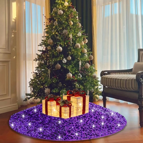 Jupe de Sapin de Noël en Paillettes Violettes de Luxe Ronde Scintillante Couverture de Base de Sapin de Noël pour Fête Décorations de Sapin de Noël Décor à la Maison