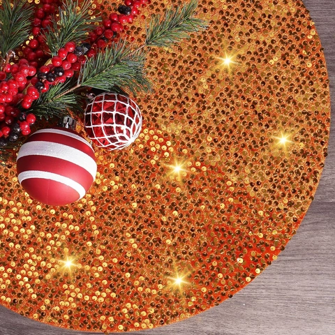 Gonna per Albero di Natale con Paillettes Arancione Oro Tondo Poliestere Decorazione Natalizia Tappetino per Base Albero