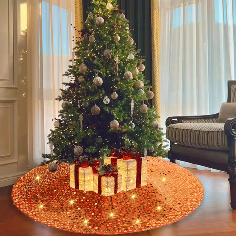 Gonna per Albero di Natale con Paillettes Arancione Oro Tondo Poliestere Decorazione Natalizia Tappetino per Base Albero
