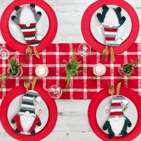 Juego de Portacubiertos de Gnomo de Navidad Muñeca sin Rostro a Rayas Tejida Bolsa para Cubiertos para Mesa Fiesta Decoración Navideña
