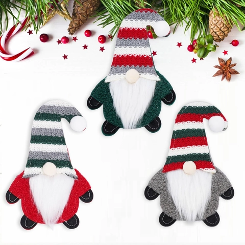 Juego de Portacubiertos de Gnomo de Navidad Muñeca sin Rostro a Rayas Tejida Bolsa para Cubiertos para Mesa Fiesta Decoración Navideña