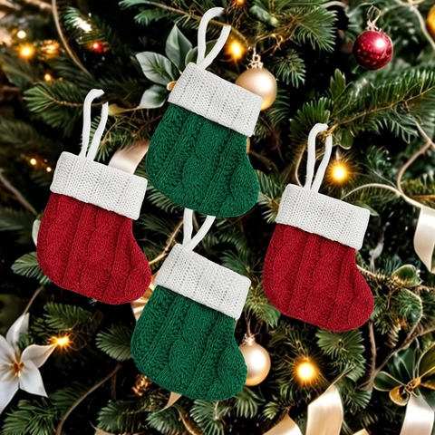 Mini Knitted Christmas Stockings Acrylic Cable Knit Gift Bags Hanging Ornaments For Cutlery Holder Party Table Decor