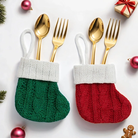 Mini Knitted Christmas Stockings Acrylic Cable Knit Gift Bags Hanging Ornaments For Cutlery Holder Party Table Decor