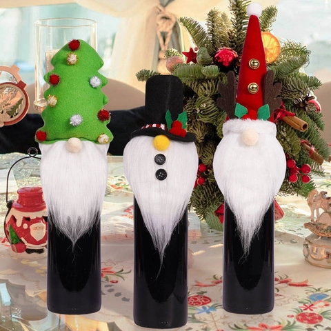 Fundas para Botellas de Vino de Gnomo de Navidad Muñeca Sin Cara Festiva Decoraciones de Botellas para Mesa Navideña