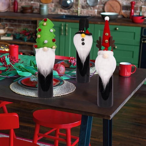 Fundas para Botellas de Vino de Gnomo de Navidad Muñeca Sin Cara Festiva Decoraciones de Botellas para Mesa Navideña