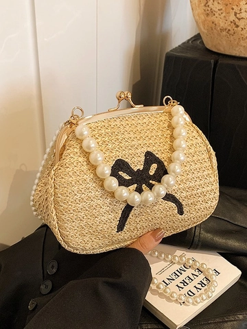 Vintage Dames Strogevlochten Handtas Met Kunstparelketting Zwarte Strik Geborduurd Schelp Crossbodytas Voor Strand Vakantie Zomer