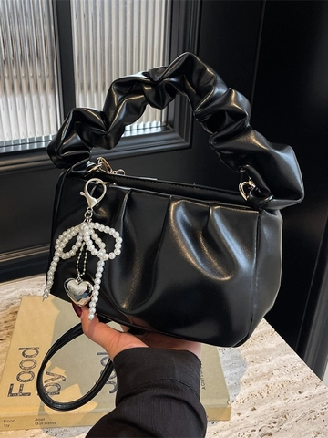 Borsa a Mano a Nuvola Increspata da Donna Borsa a Tracolla Plissettata in Pelle PU Con Fiocco di Künstliche Perle Ciondolo a Cuore Minimalista Elegante