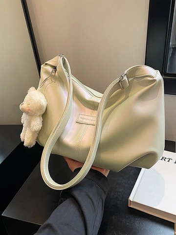 Women Crossbody Shoulder Bag PU Leather Large Capacity Urban Minimalist Pleated Design Zipper Closure With Plush Bear Pendant