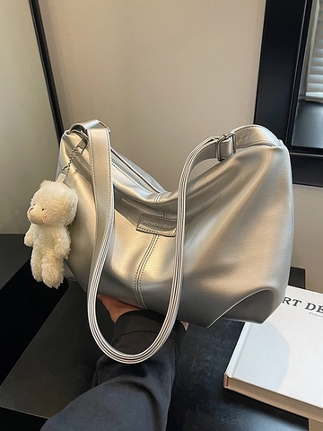 Women Crossbody Shoulder Bag PU Leather Large Capacity Urban Minimalist Pleated Design Zipper Closure With Plush Bear Pendant