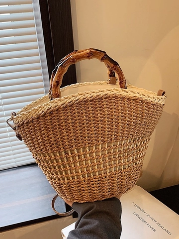 Borsa a Secchiello Intrecciata in Paglia Retrò Francese Per Donna Borsa a Tracolla Estiva Per Vacanze Al Mare Con Manico In Bambù Cinturino In PU