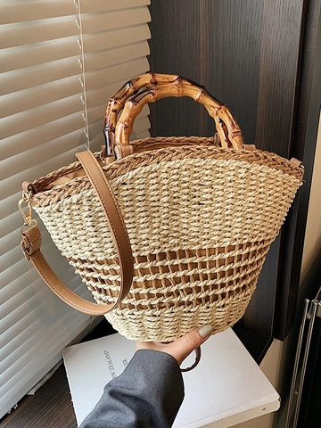 Borsa a Secchiello Intrecciata in Paglia Retrò Francese Per Donna Borsa a Tracolla Estiva Per Vacanze Al Mare Con Manico In Bambù Cinturino In PU