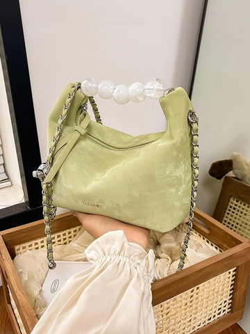 Women Beaded Handbag PU Leather Crossbody Bag With Large Acrylic Beads Handle Silver Chain Shoulder Bag Chinese Style