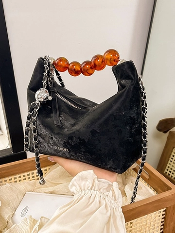 Women Beaded Handbag PU Leather Crossbody Bag With Large Acrylic Beads Handle Silver Chain Shoulder Bag Chinese Style