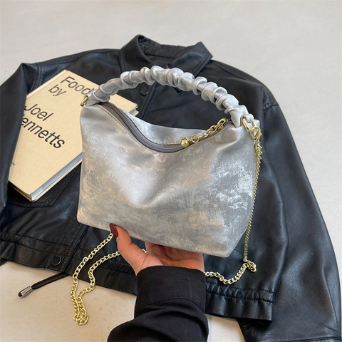 Women Small Ruched Handle Crossbody Bag Fashion PU Leather Chain Shoulder Bag Urban Minimalist Zipper Satchel Purse